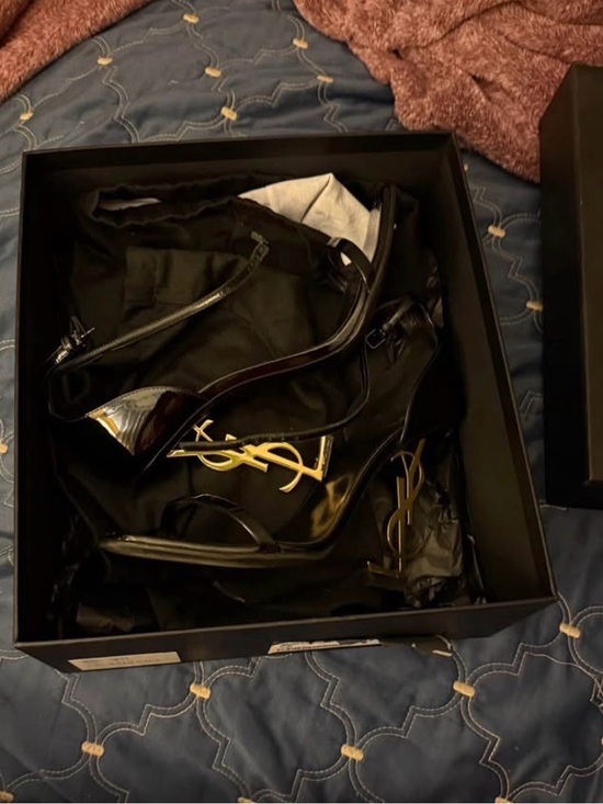 Saint Laurent Shoes - Saint Laurent Black Patent Platform Sandals with Gold YSL Accent
